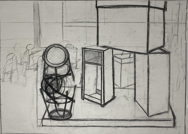"drawing I classroom" - Perspective Study [Vine charcoal and Conte]