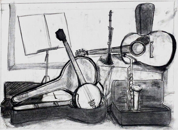 Instrument Still Life [Vine charcoal and Conte]
